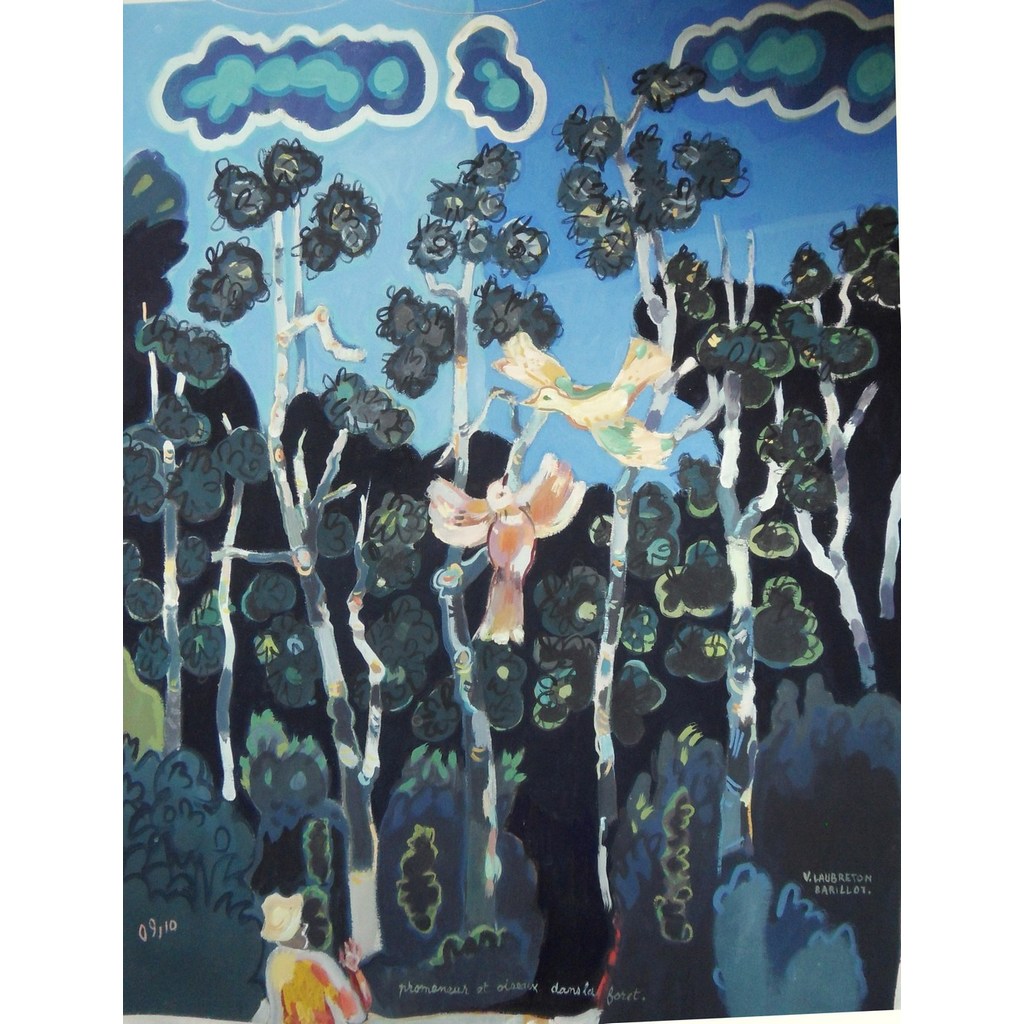 Promeneur et oiseaux dans la forêt