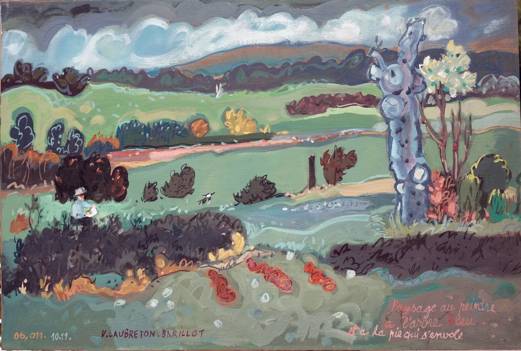 Paysage au peintre, à l'arbre bleu et à la pie qui s'envole